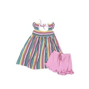 Rainbow Striped Girls Dress & Pink Ruffle Shorts Set By Little Silver Swan